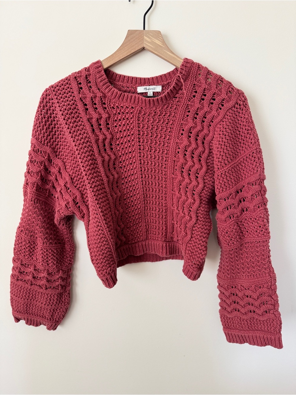 Madewell Rose Pink Cropped Cable Knit Crewneck Sweater